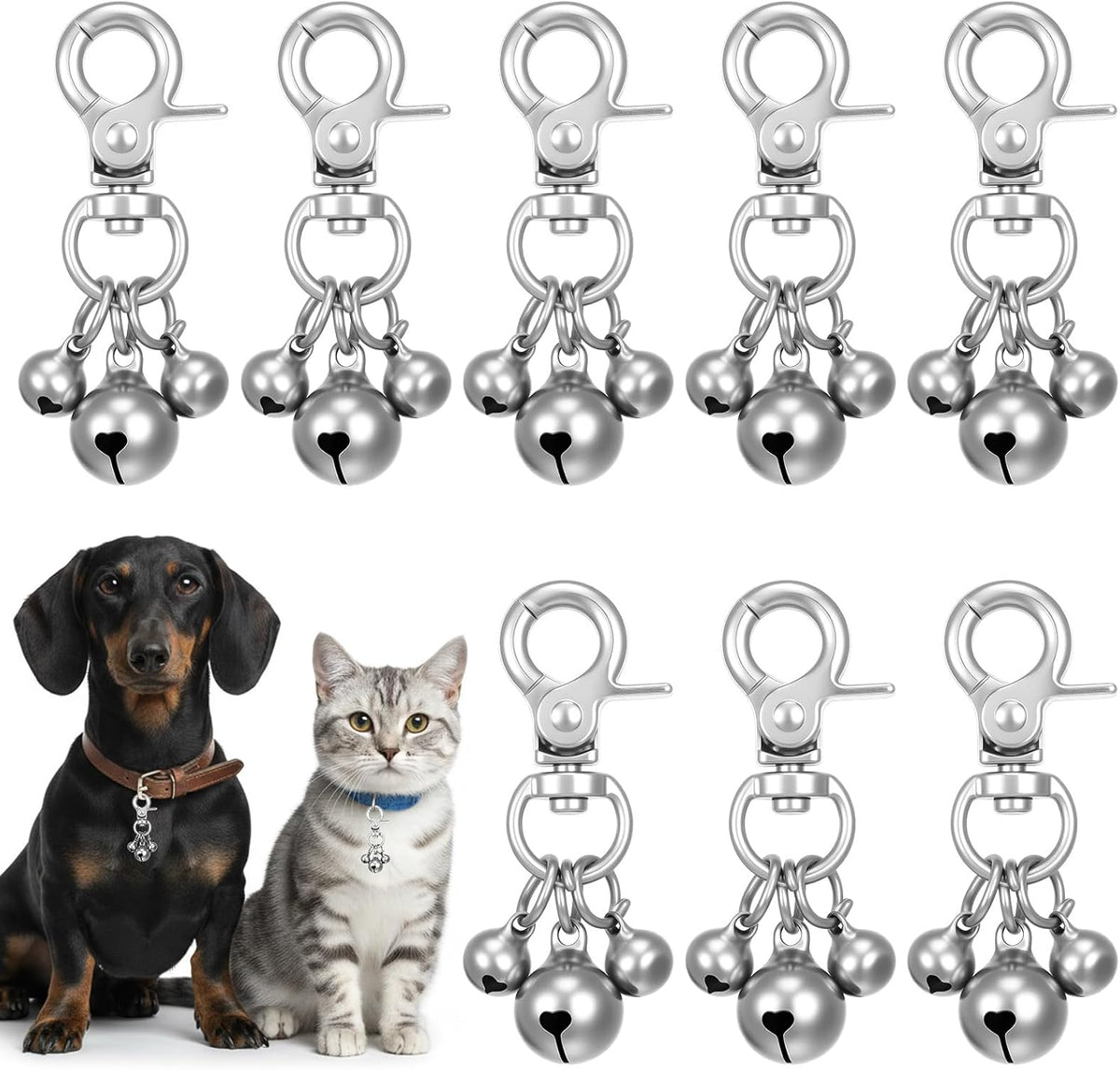 Cobee silver pet training collars charm front view showcasing eight pieces of triple jingle bells with quick release lobster clasps