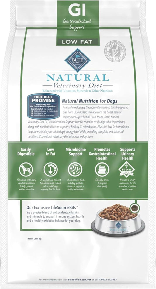 Blue Buffalo low fat gastrointestinal dry dog food whitefish recipe product packaging details