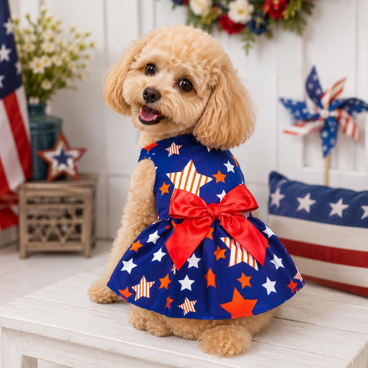 Imported festive pet apparel showcasing the flared princess style skirt.