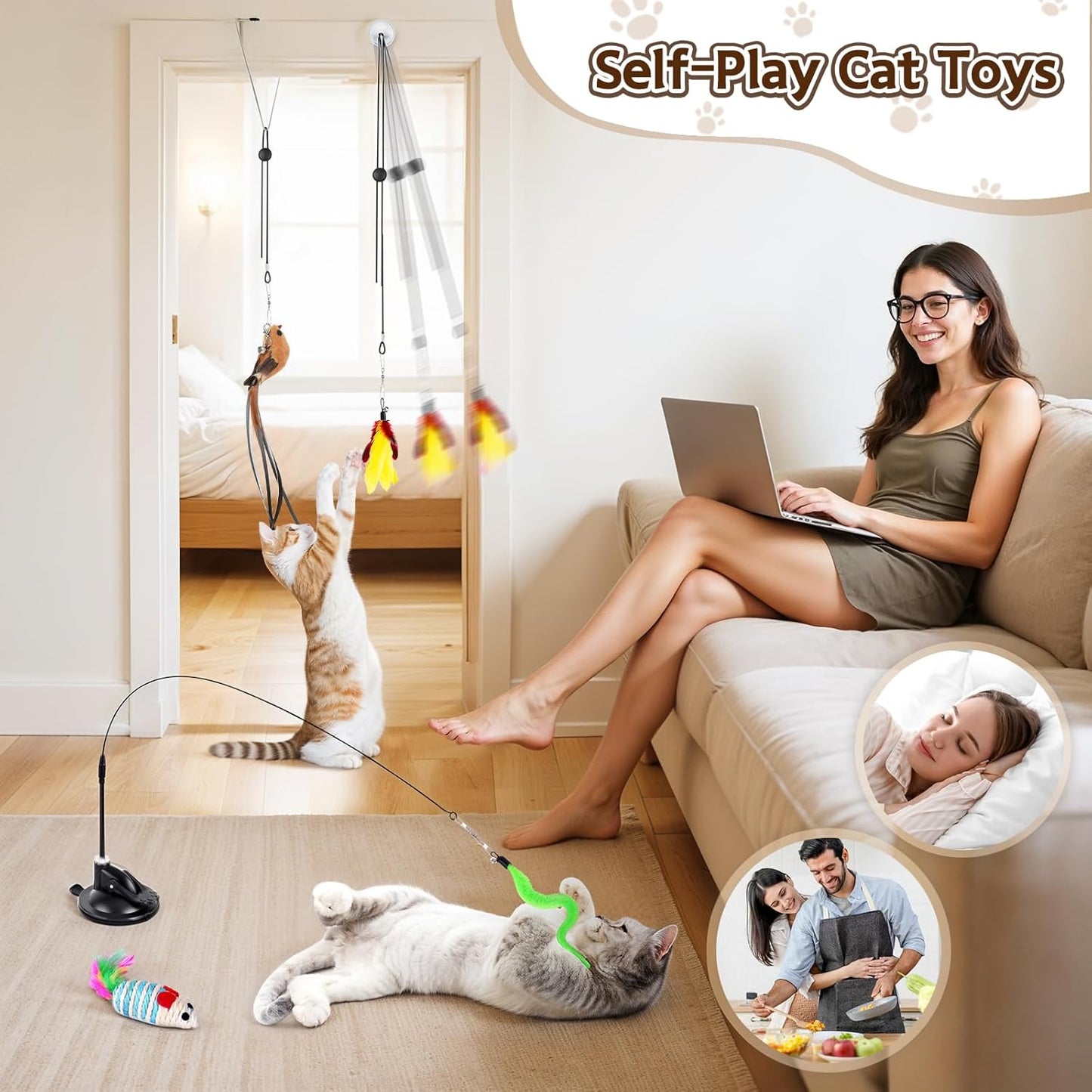 Close up view of the durable door hanging clips and flexible teaser wands for indoor cats.
