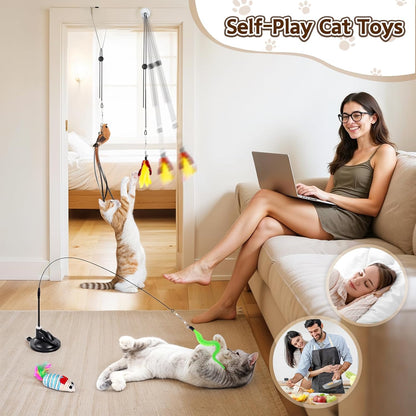 Close up view of the durable door hanging clips and flexible teaser wands for indoor cats.