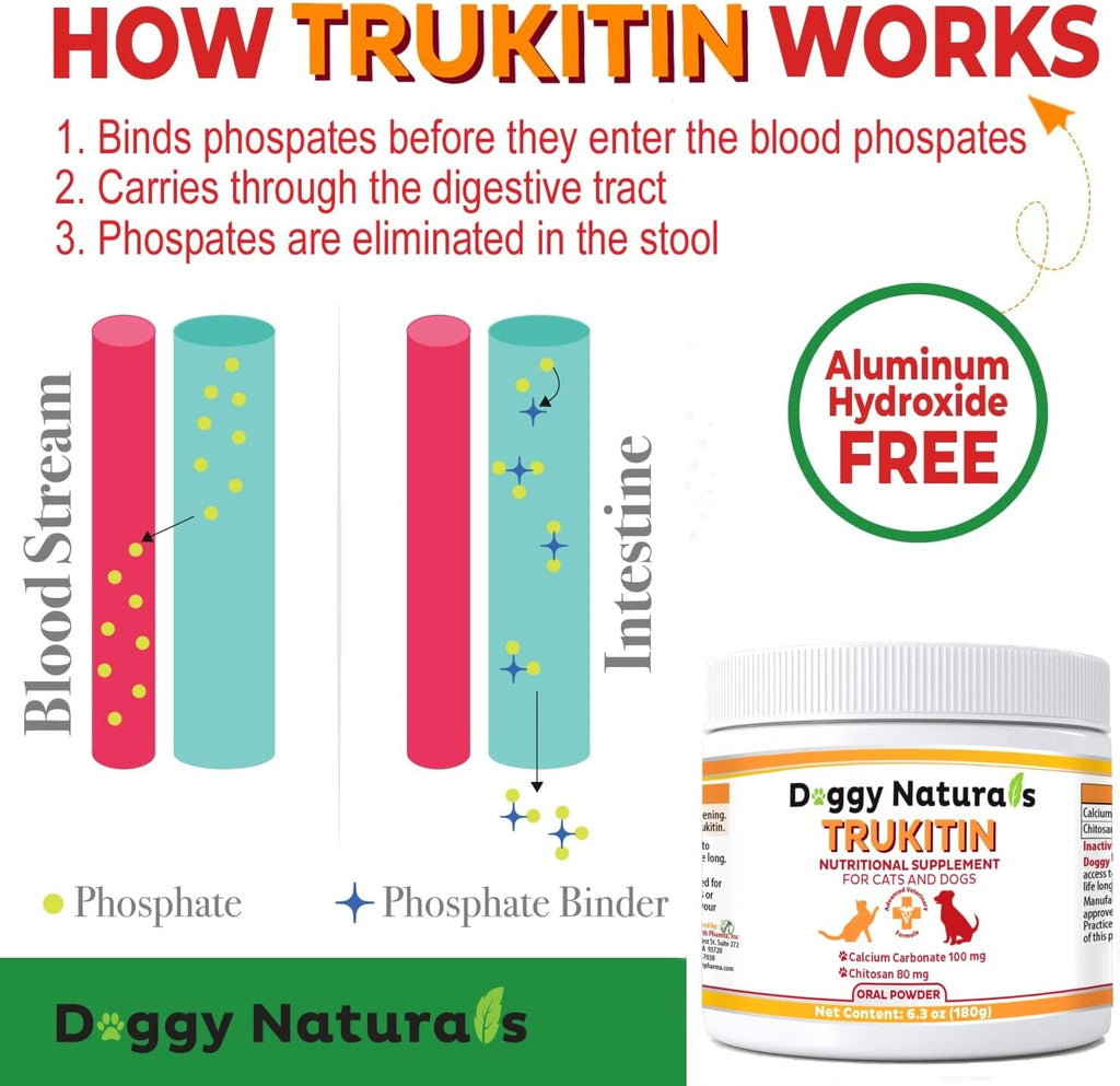 USA imported Trukitin oral powder supplement with calcium carbonate and chitosan facts.