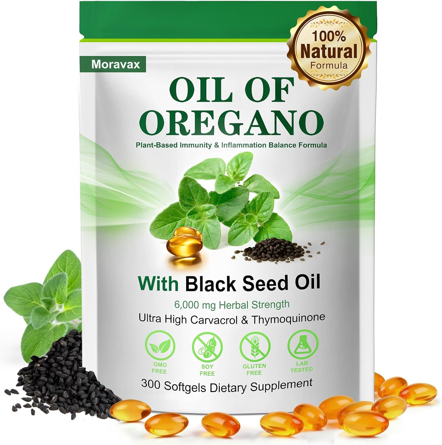 Moravax Oil of Oregano and Black Seed Oil supplement bottle front view showcasing immune support support formula.