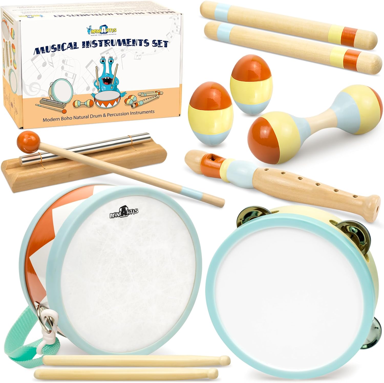 MINIARTIS Toddler Musical Instruments front view of complete wooden Montessori toy set.