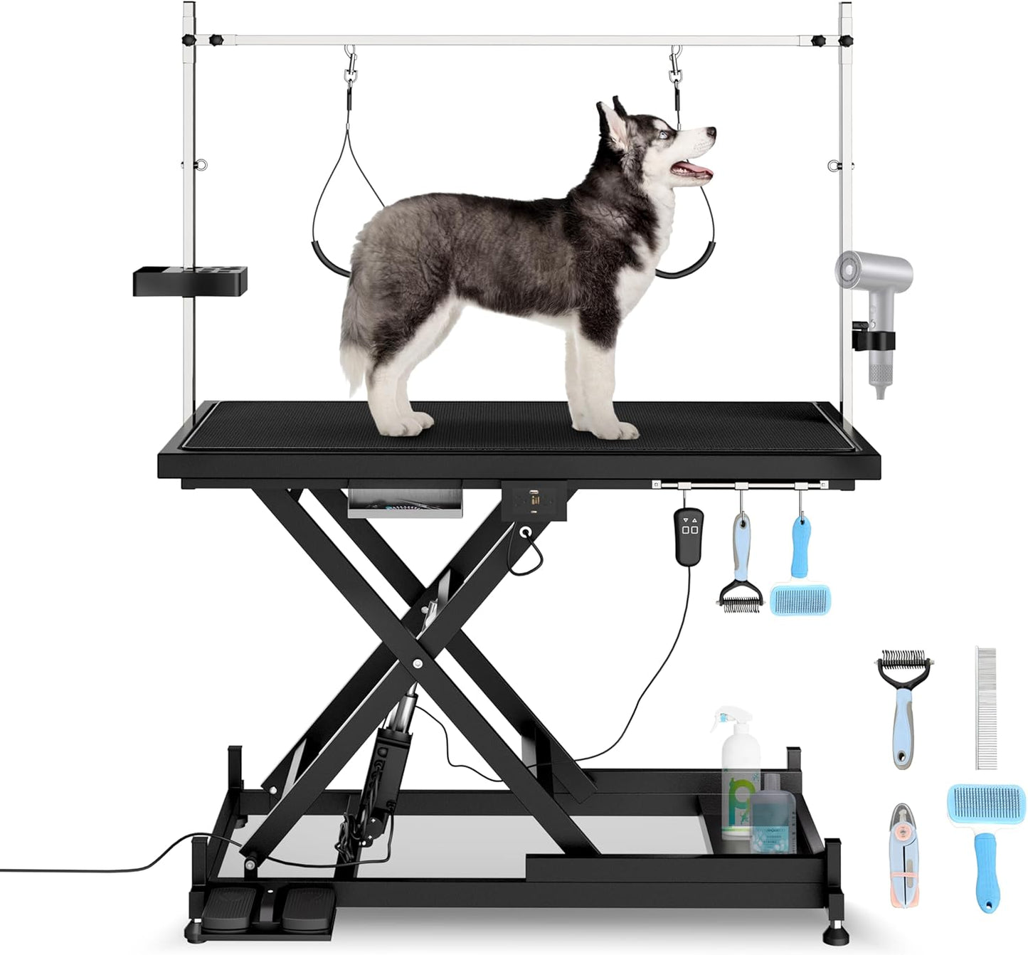 Hydraulic Dog Pet Grooming Table, 42 Inch Heavy Duty Professional Pet Grooming Station 21'' -36'' Height Adjustable for Large Dog at Home with Adjustable Overhead Arm, Clamp and Grooming Noose, Black - Image 15