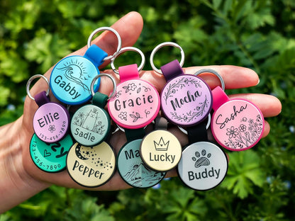 Small size custom silicone cat tags in eye catching colors for small breeds.