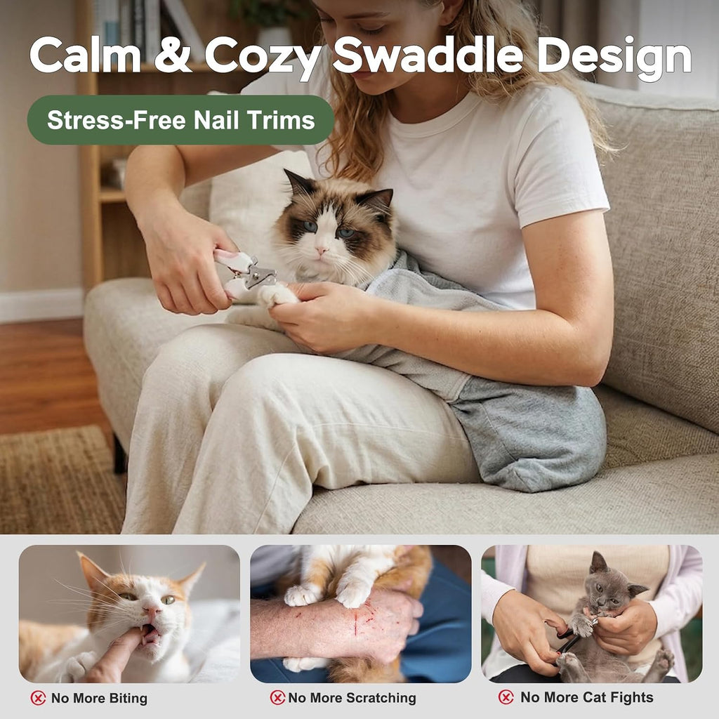 Anti scratch cat swaddle wrap secured safely for veterinary ear cleaning