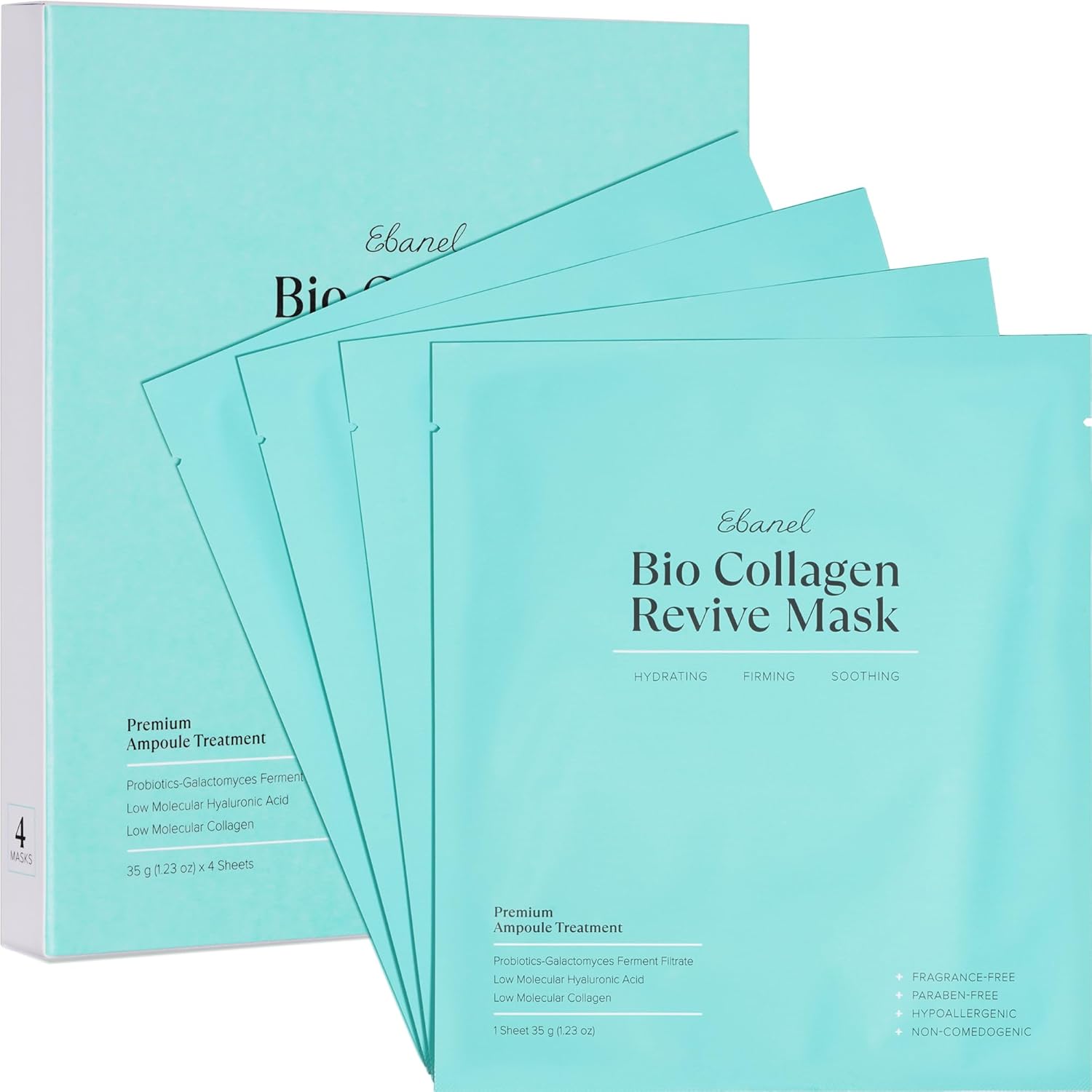 Ebanel Bio Collagen Face Mask four pack front packaging showcasing authentic anti-aging hydrogel sheet masks.