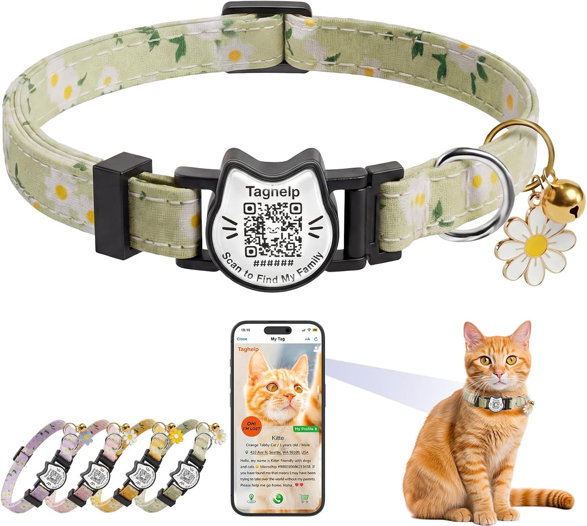 Cute Floral Breakaway Cat Collar with QR Code ID, Cotton Kitten Collar with Bell & AirTag Holder, Adjustable Safety Collar for Cats,Pastoral Style with airtag Holder(Pink) - Image 13