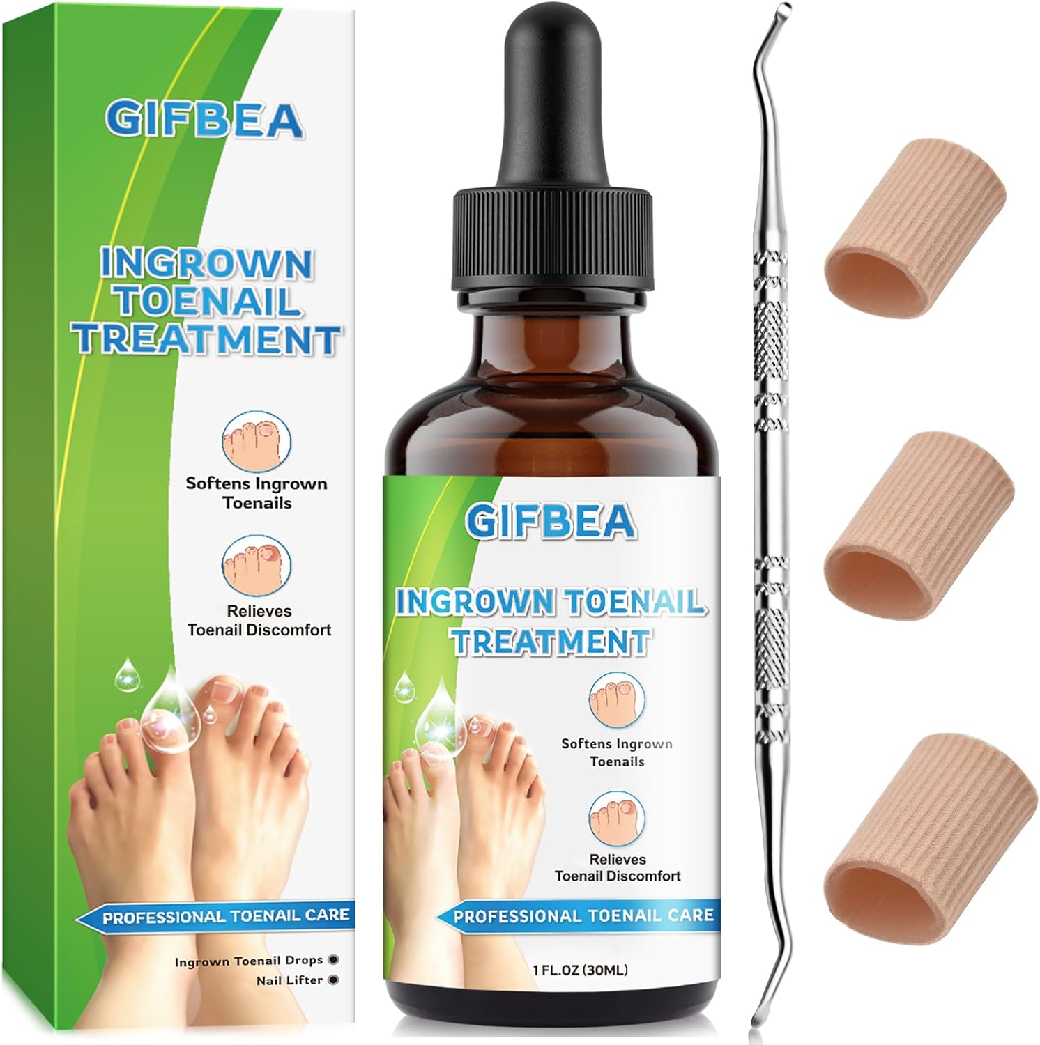 Gifbea Ingrown Toenail Treatment Kit front view with drops and tools
