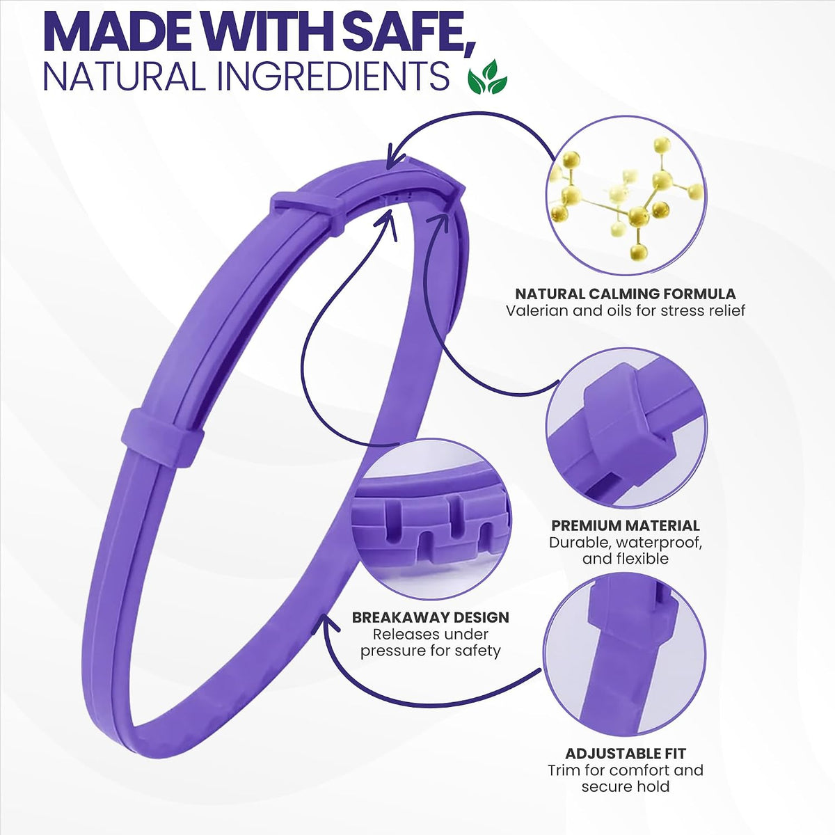 Detailed illustration of the breakaway safety feature cut points on the pet calming collar.