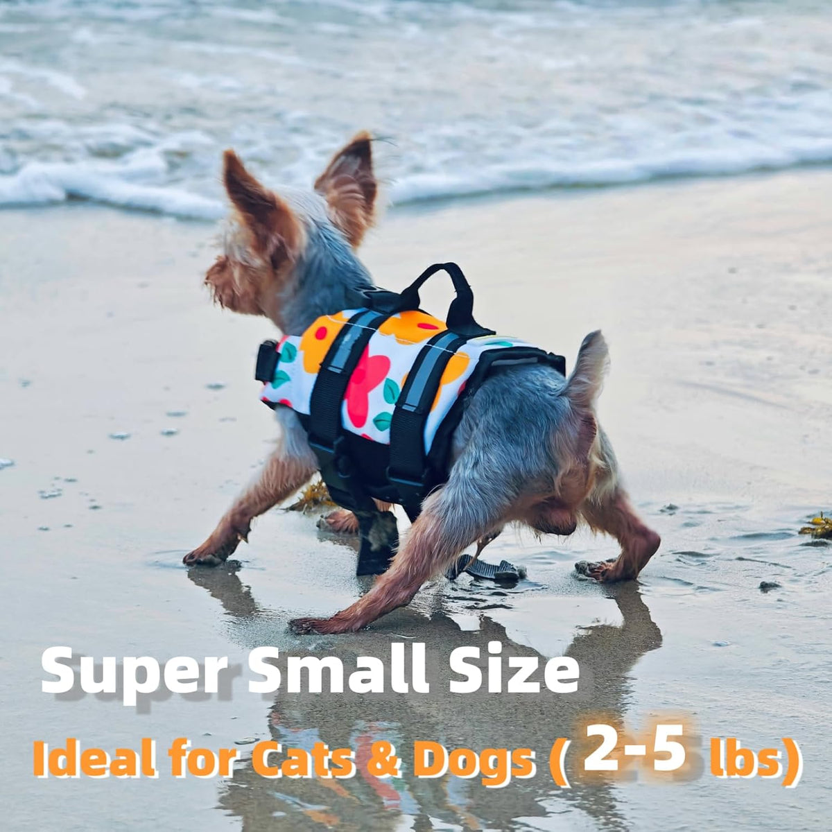 YorkieGogo small puppy swim vest top view highlighting the sturdy rescue handle.