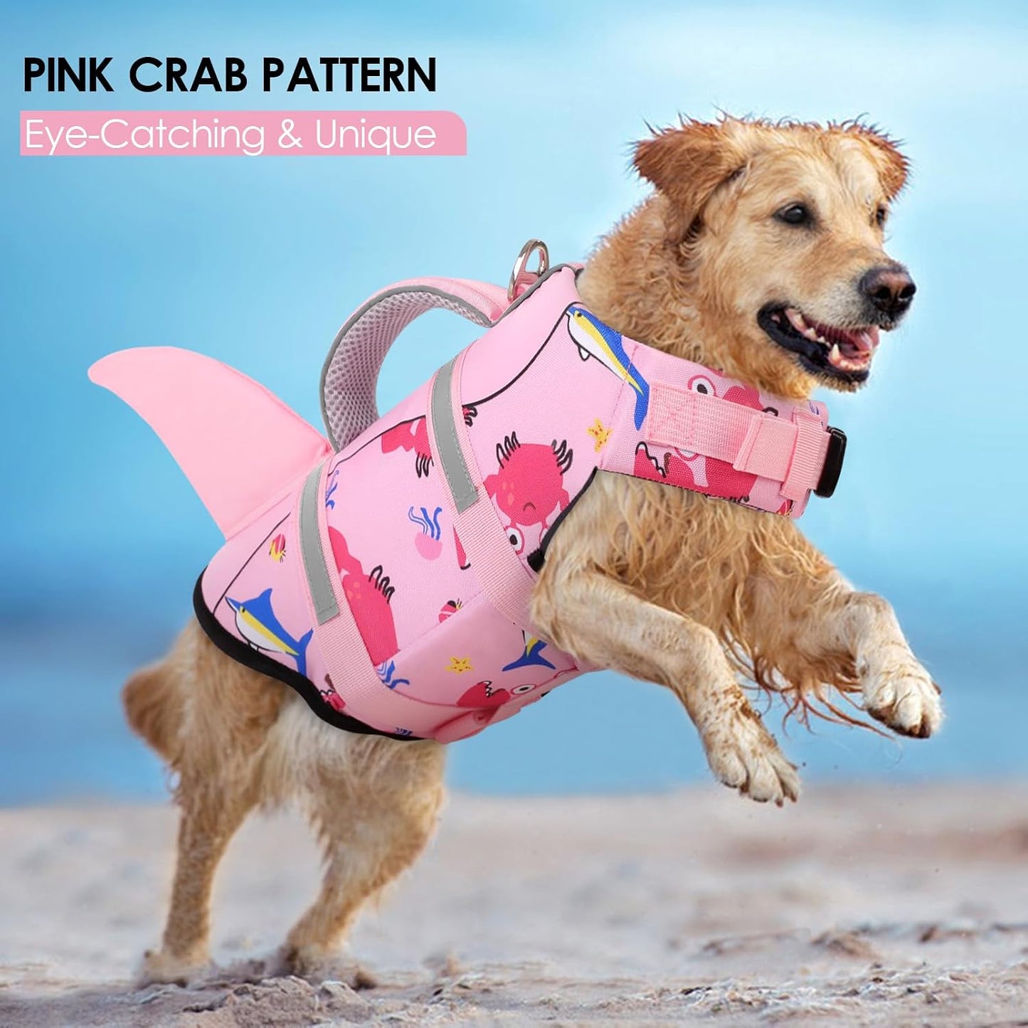 Large pink dog floatation jacket with heavy duty leash D ring