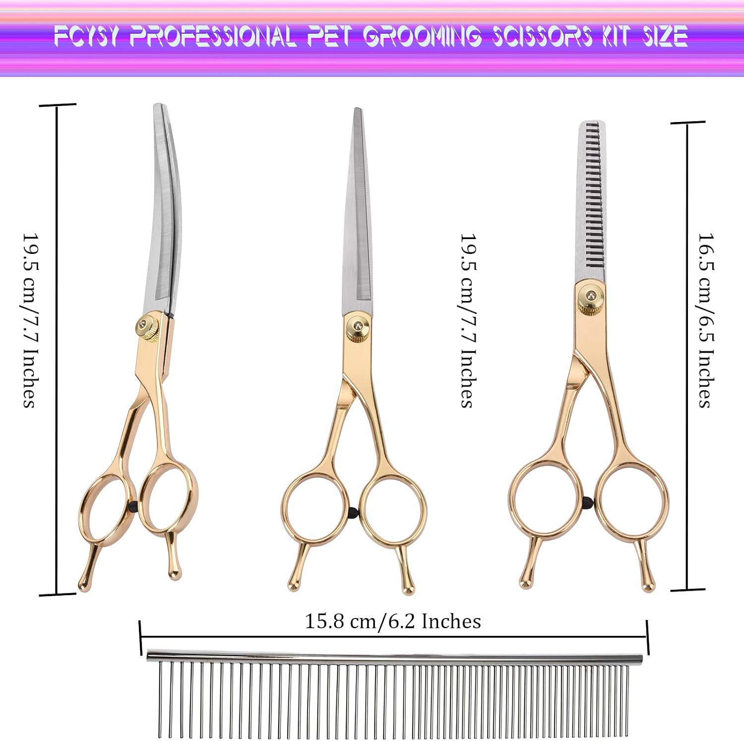 Close up of Fcysy gold stainless steel pet grooming scissors