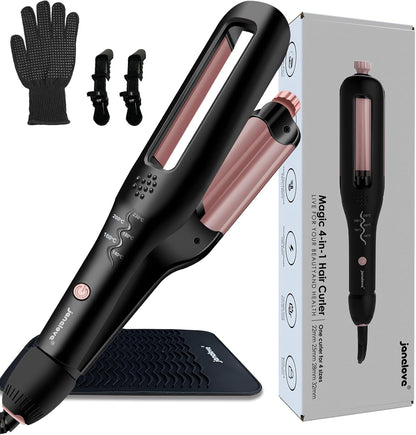Janelove 4 In 1 Adjustable Hair Waver front view showcasing the pink tourmaline ceramic barrels and adjustable control knob.