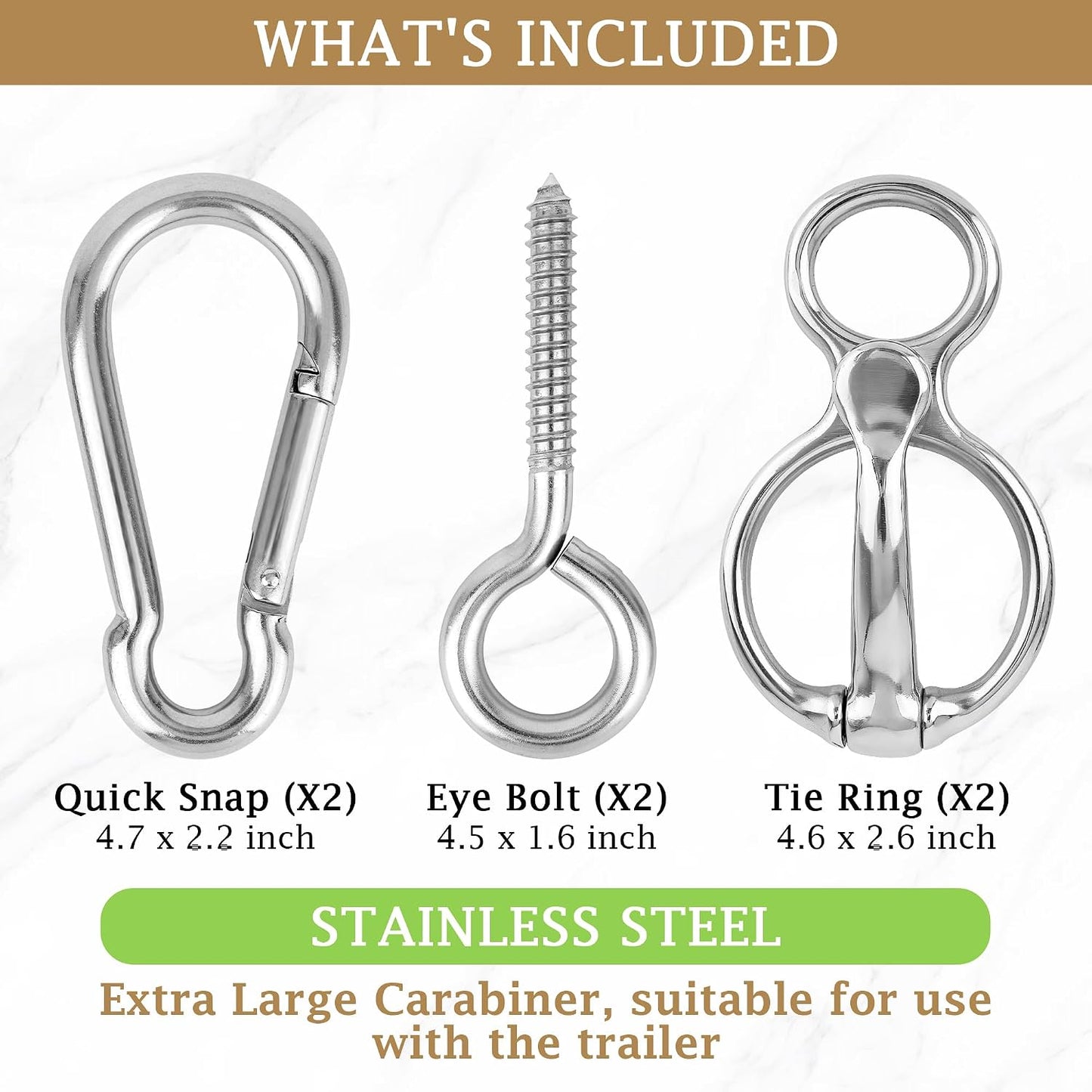 Two pieces of stainless steel magnetic tie rings with extra large carabiner clips on a plain background.