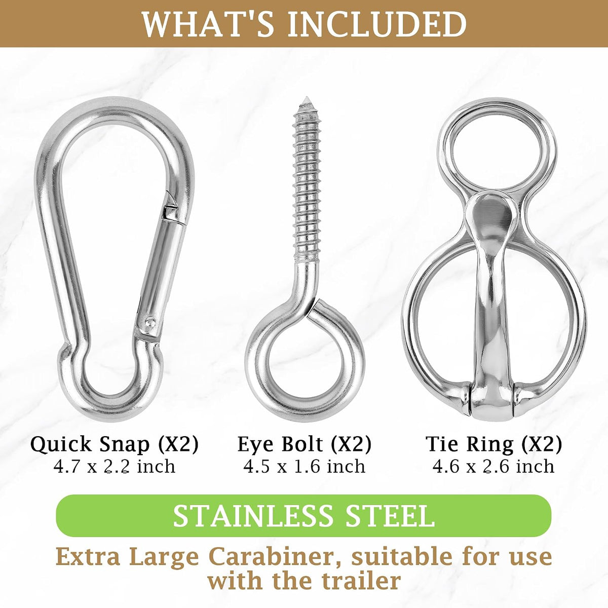 Two pieces of stainless steel magnetic tie rings with extra large carabiner clips on a plain background.