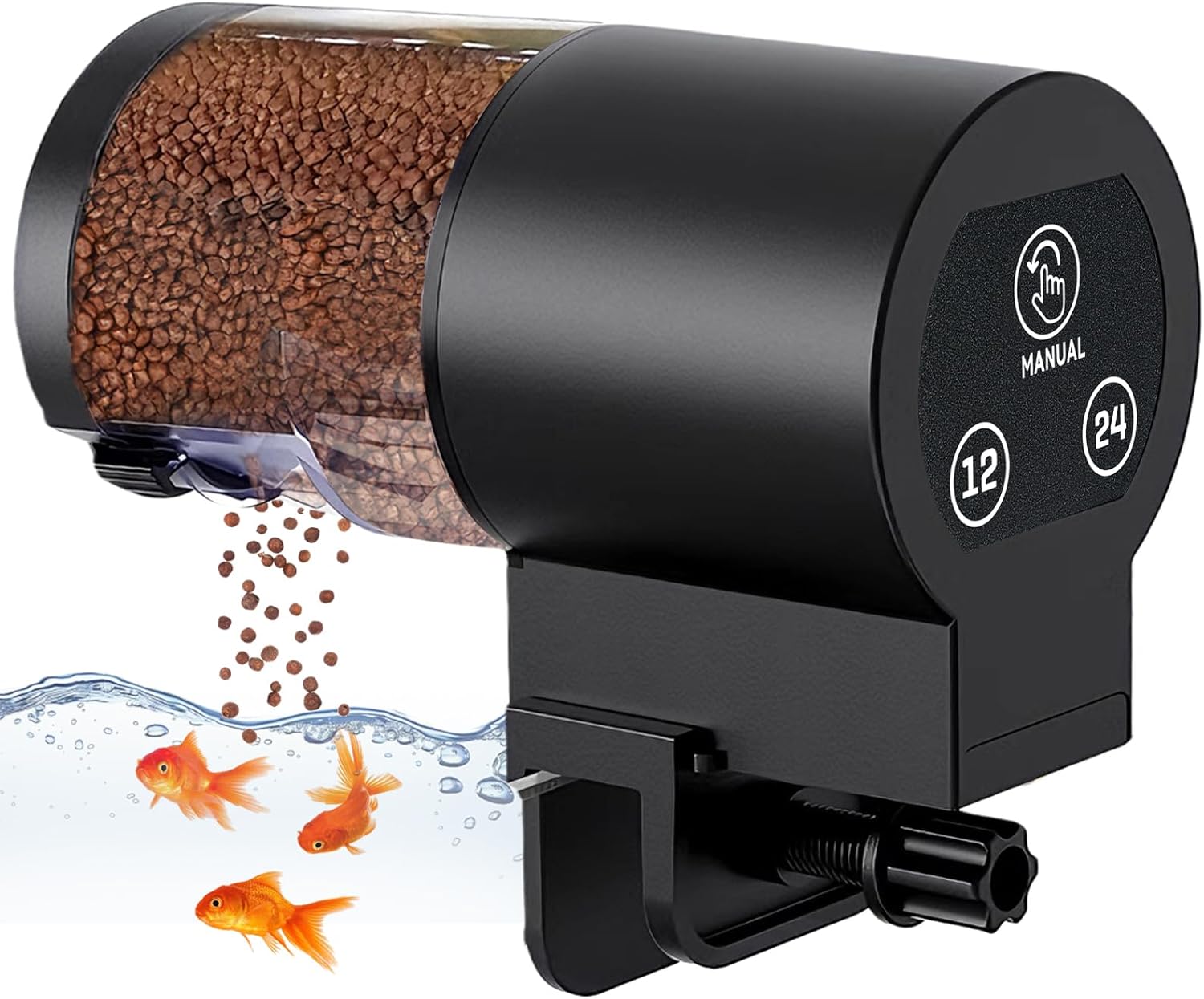 Royal Claws automatic fish feeder front view mounted on aquarium rim