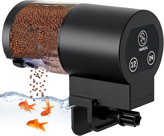 Royal Claws automatic fish feeder front view mounted on aquarium rim