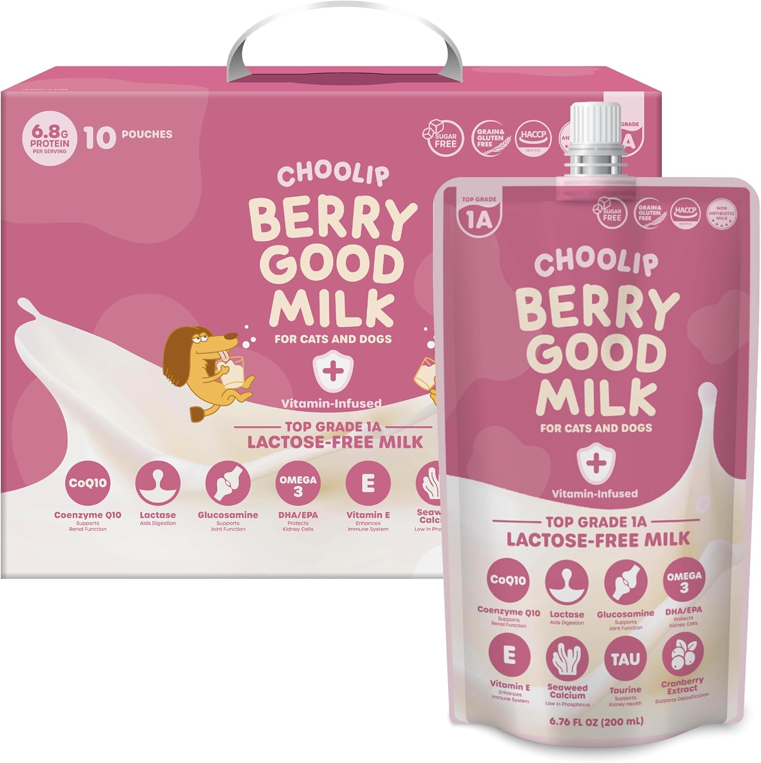 Choolip Berry Good Milk front view showing pet milk pouches pack for cats and dogs
