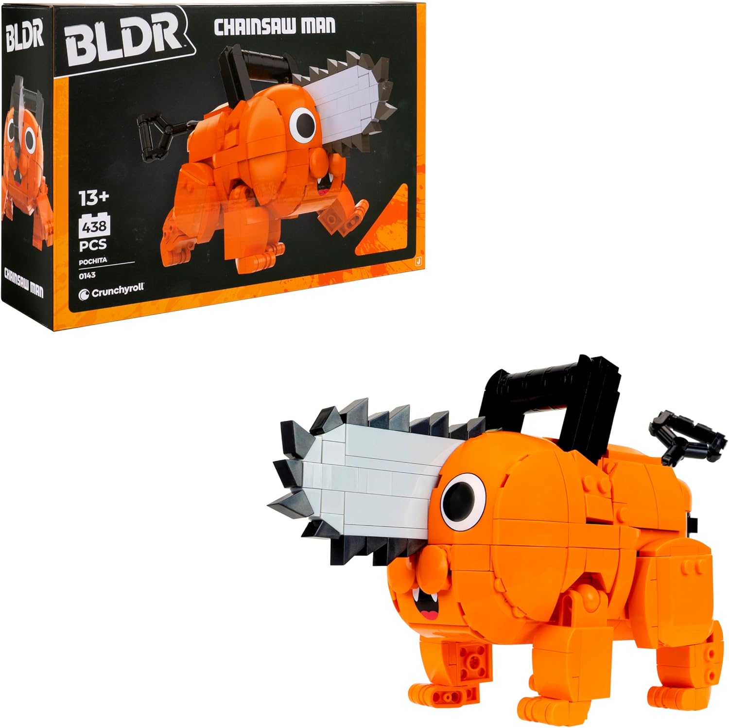 BLDR Chainsaw Man Pochita Building Set front view showing assembled orange chainsaw devil figure