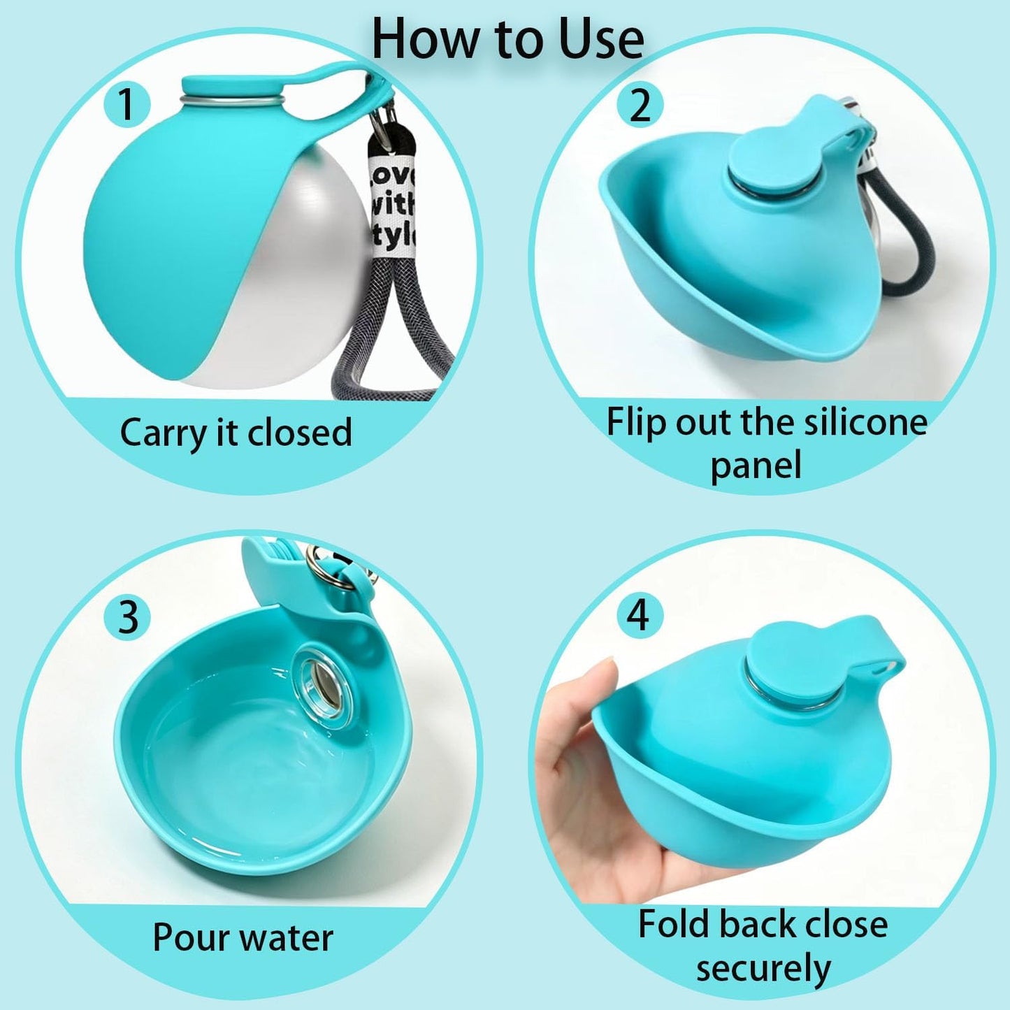 Cxyrna stainless steel dog water bottle showing the integrated nylon wrist strap attached.