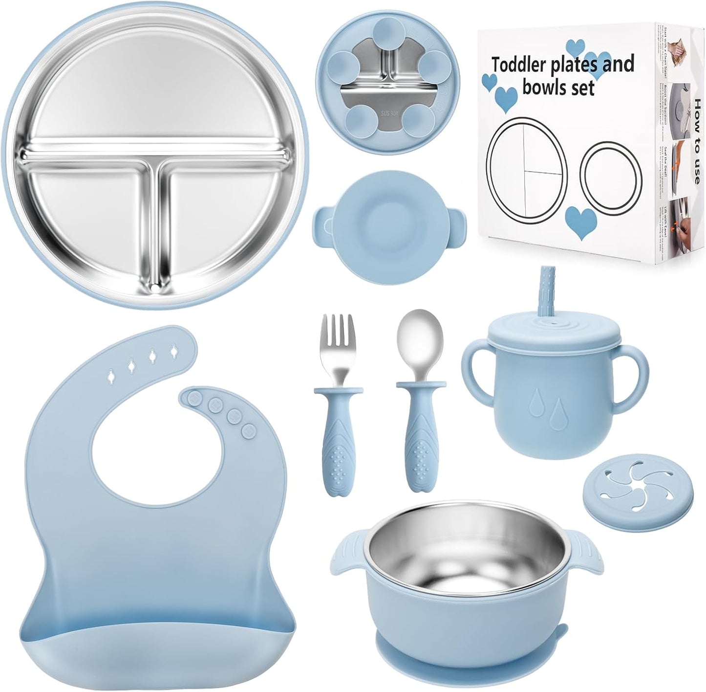 Misslili stainless steel kids plates and bowls set in blue front view