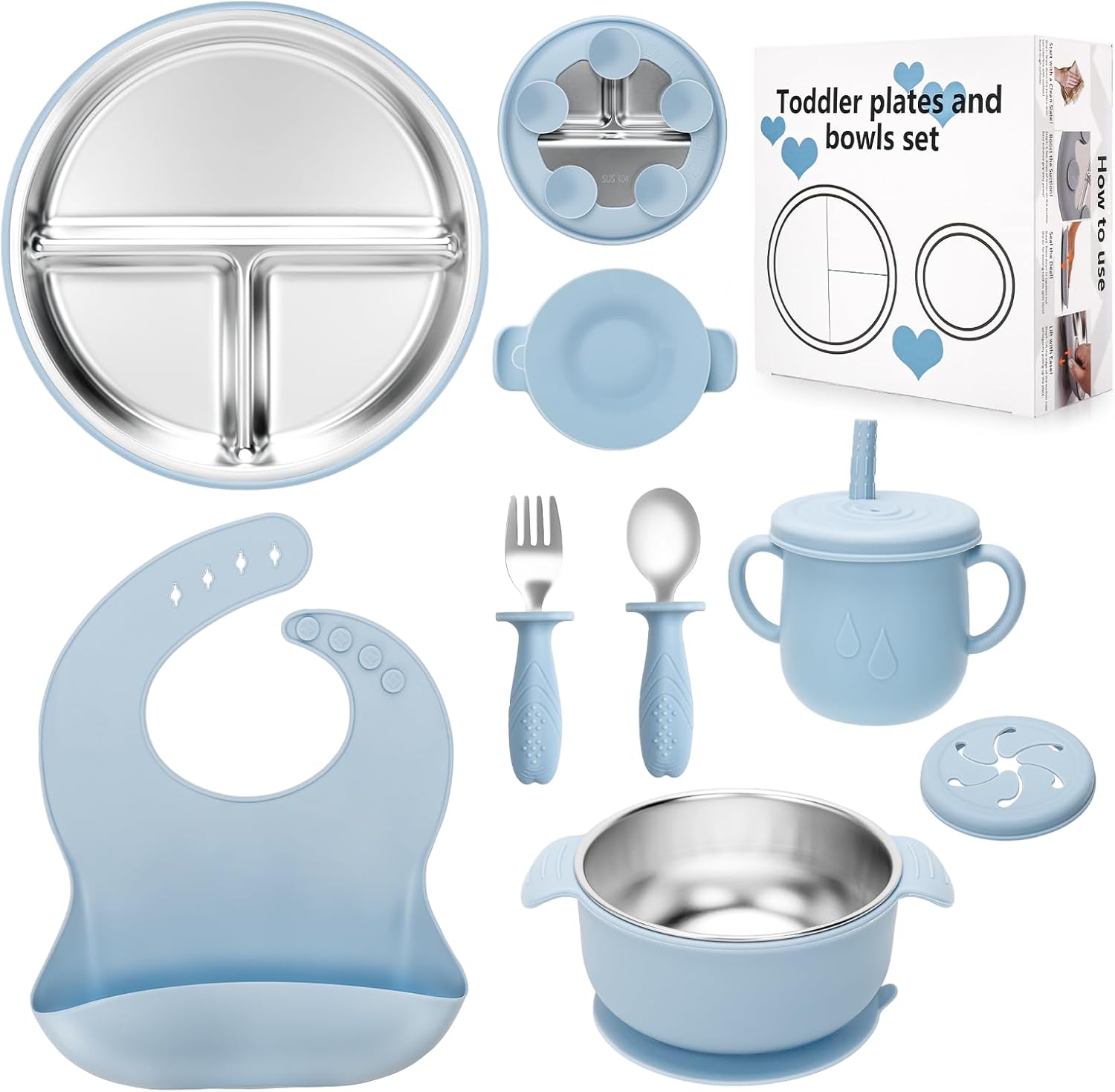 Misslili stainless steel kids plates and bowls set in blue front view