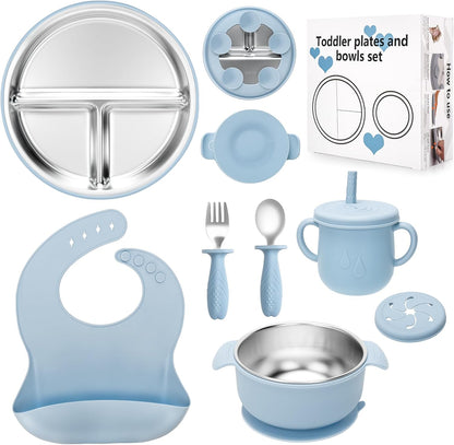Misslili stainless steel kids plates and bowls set in blue front view