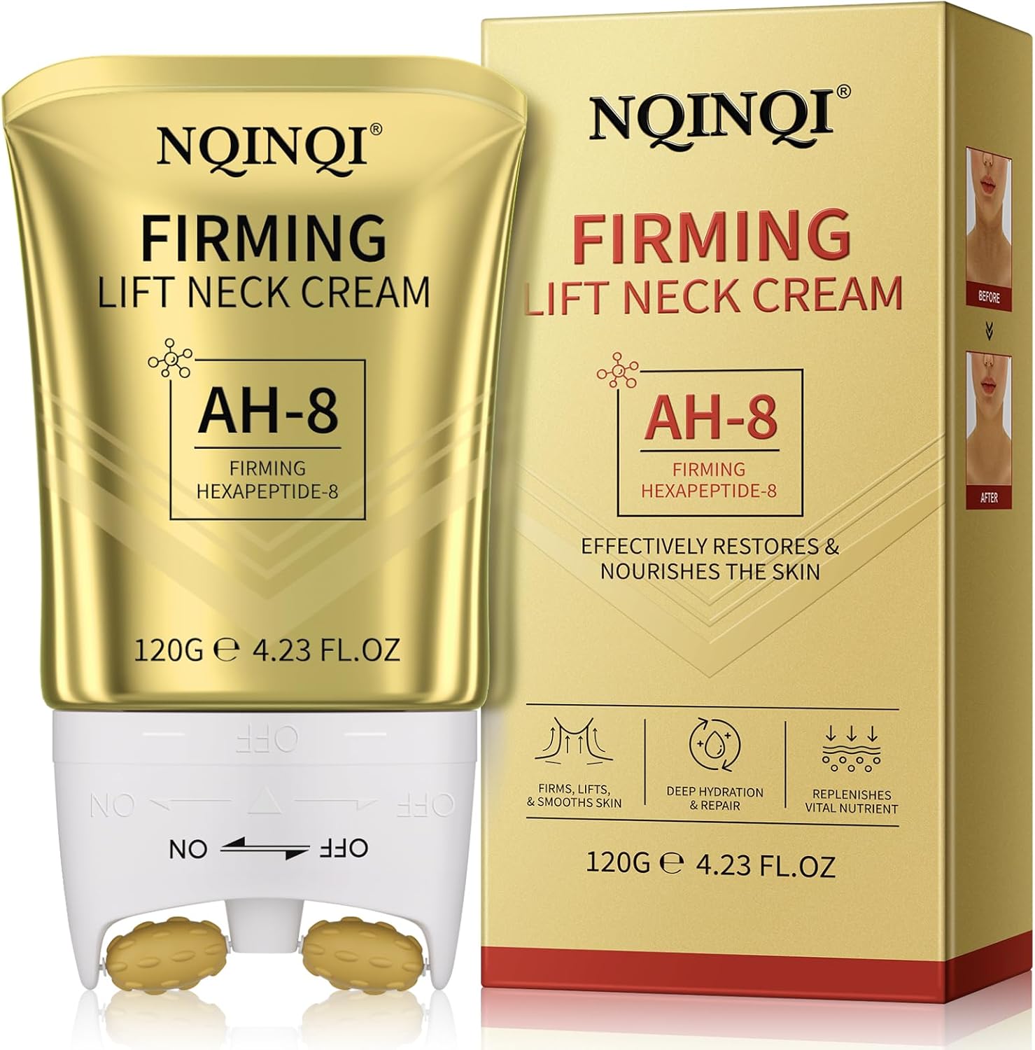 NQINQI AH-8 Firming Neck Cream with Roller front view of the gold tube package