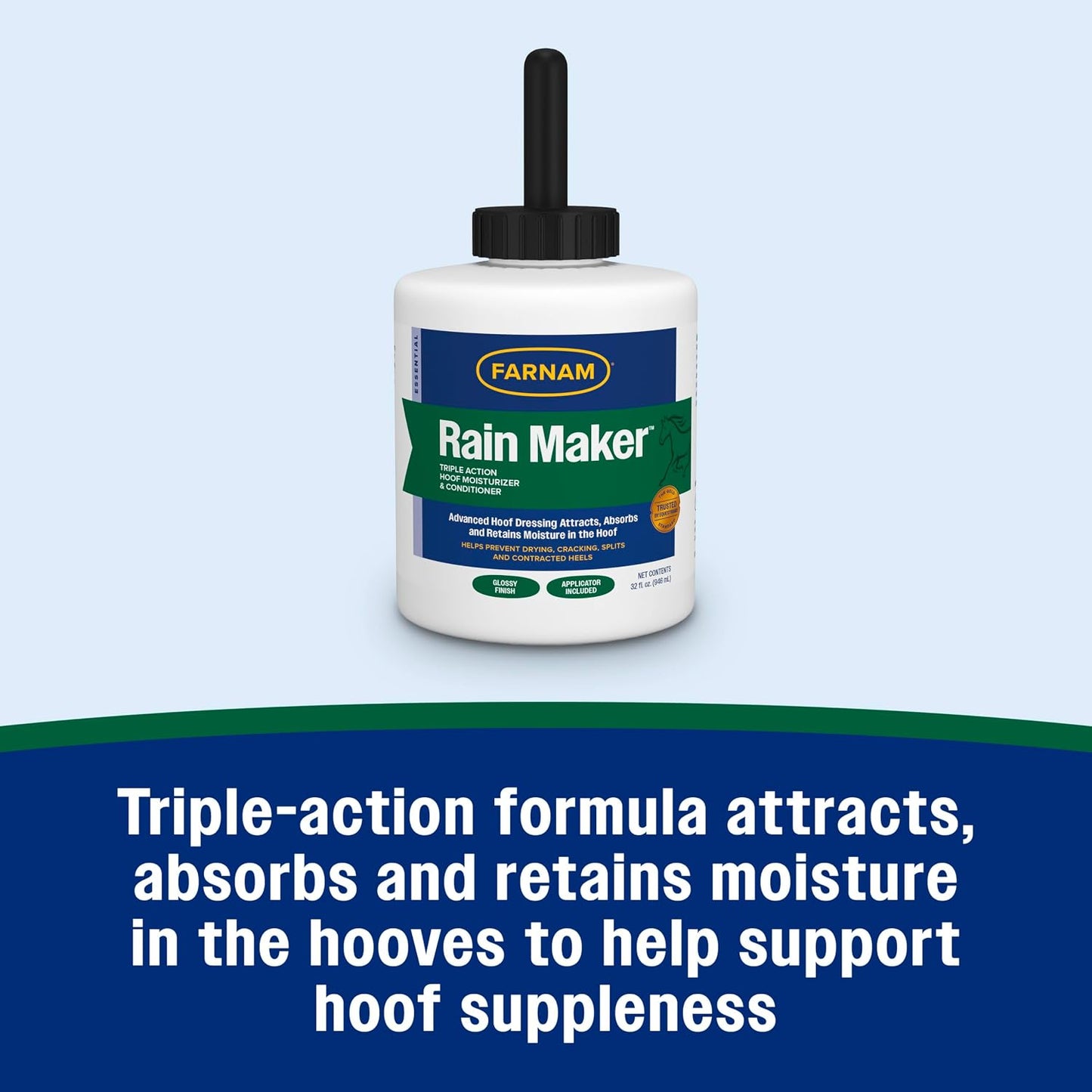 Premium equine hoof dressing containing neatsfoot oil, pine tar, and lanolin for strong horse hooves.