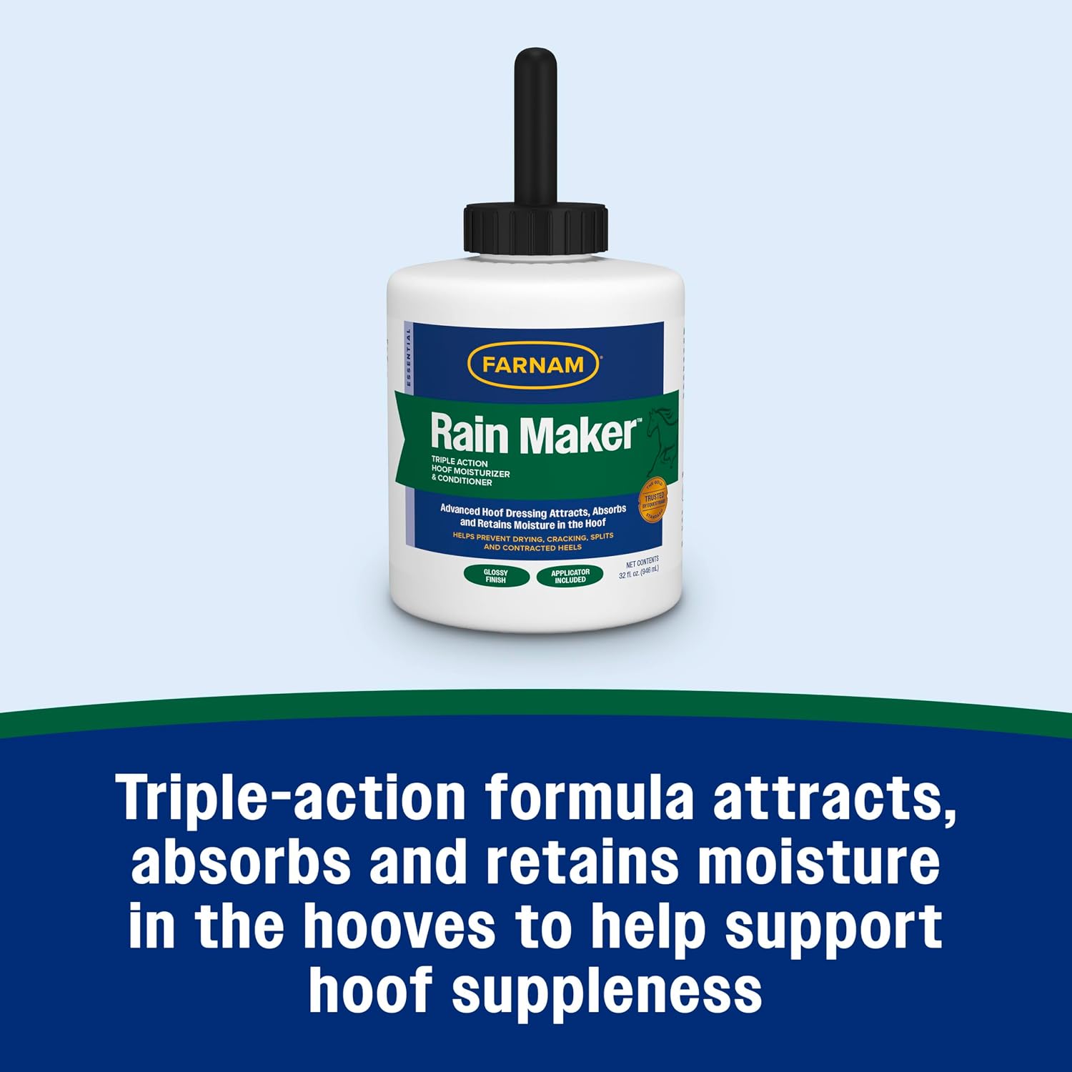 Premium equine hoof dressing containing neatsfoot oil, pine tar, and lanolin for strong horse hooves.
