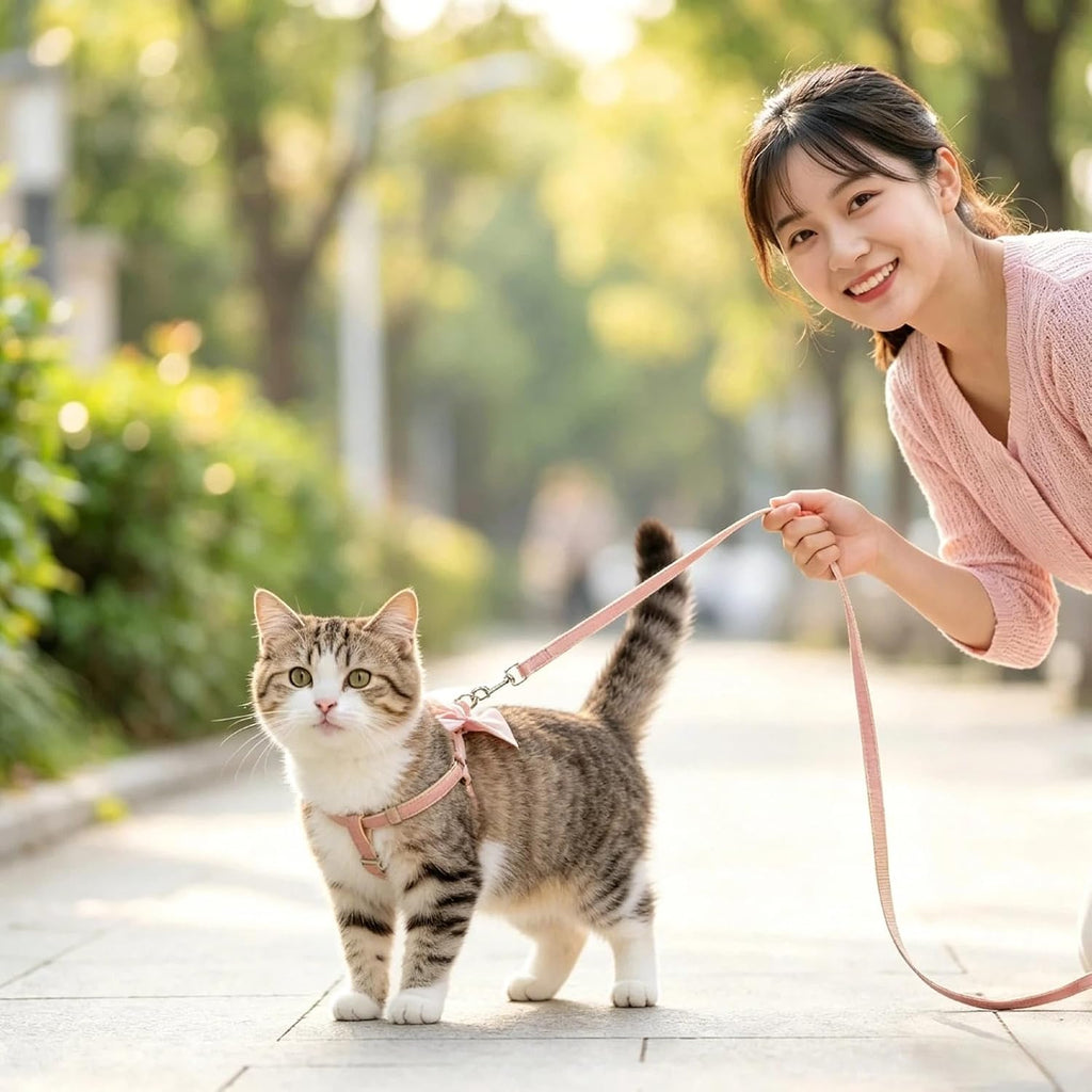 Side profile of cat in pink bow harness