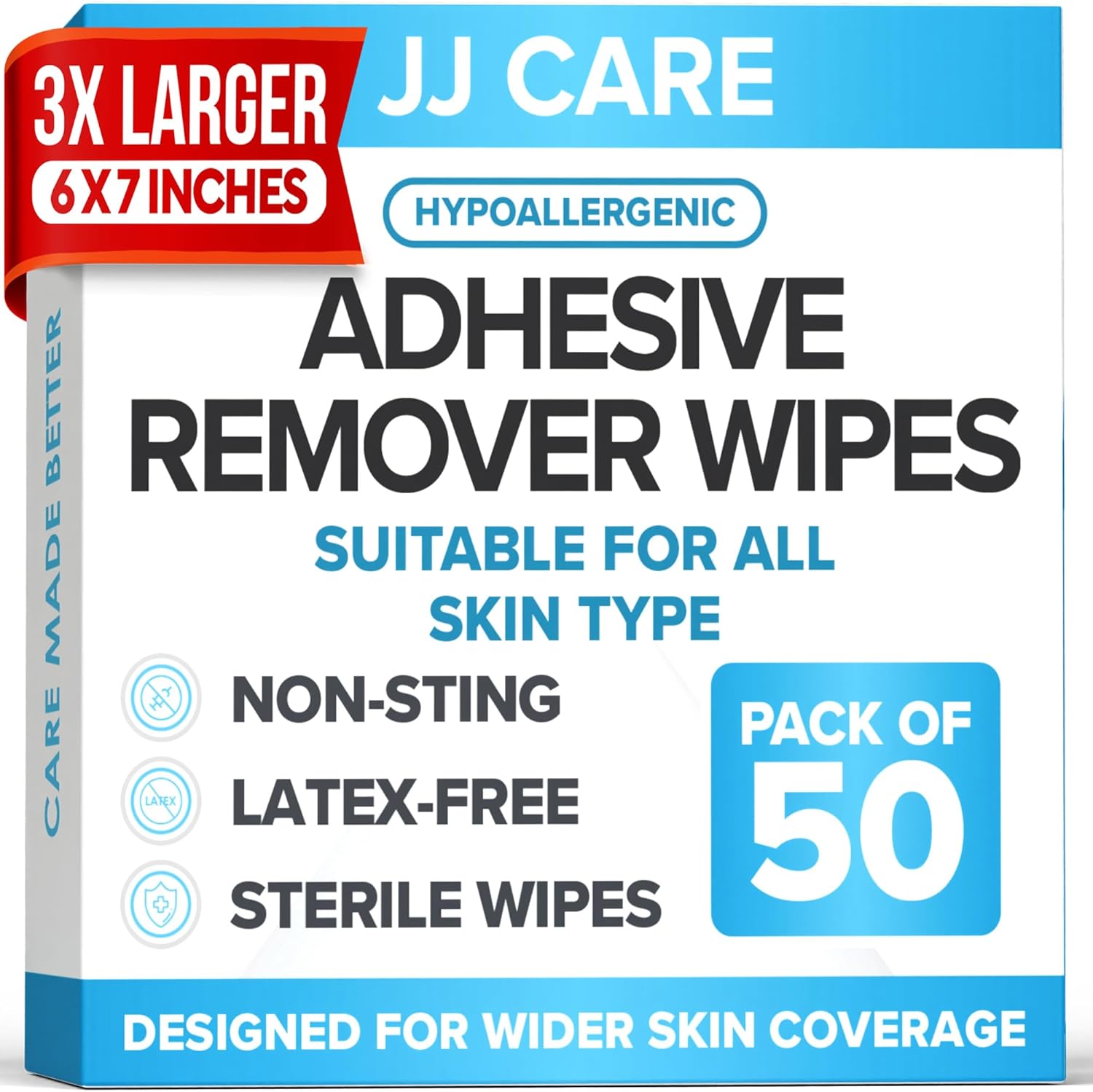 JJ CARE Adhesive Remover Wipes 50 count box front view medical tape remover
