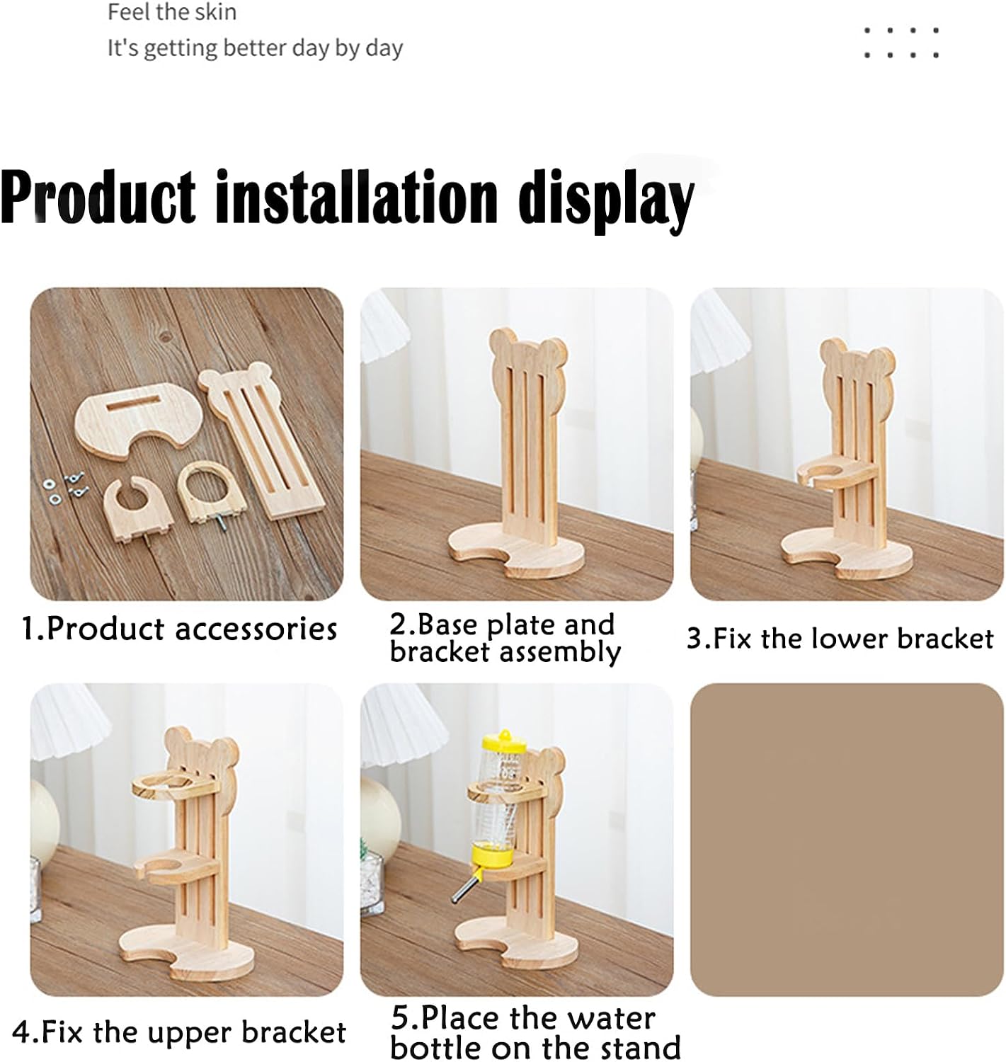 Hamster Water Bottle with Wooden Food Container Base for Dwarf Hamster Gerbil Small Animals (White, 80ml(2.7oz)) - Image 5