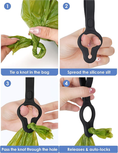 Gobeigo imported pet waste bag clip attached to a stroller handle during a walk