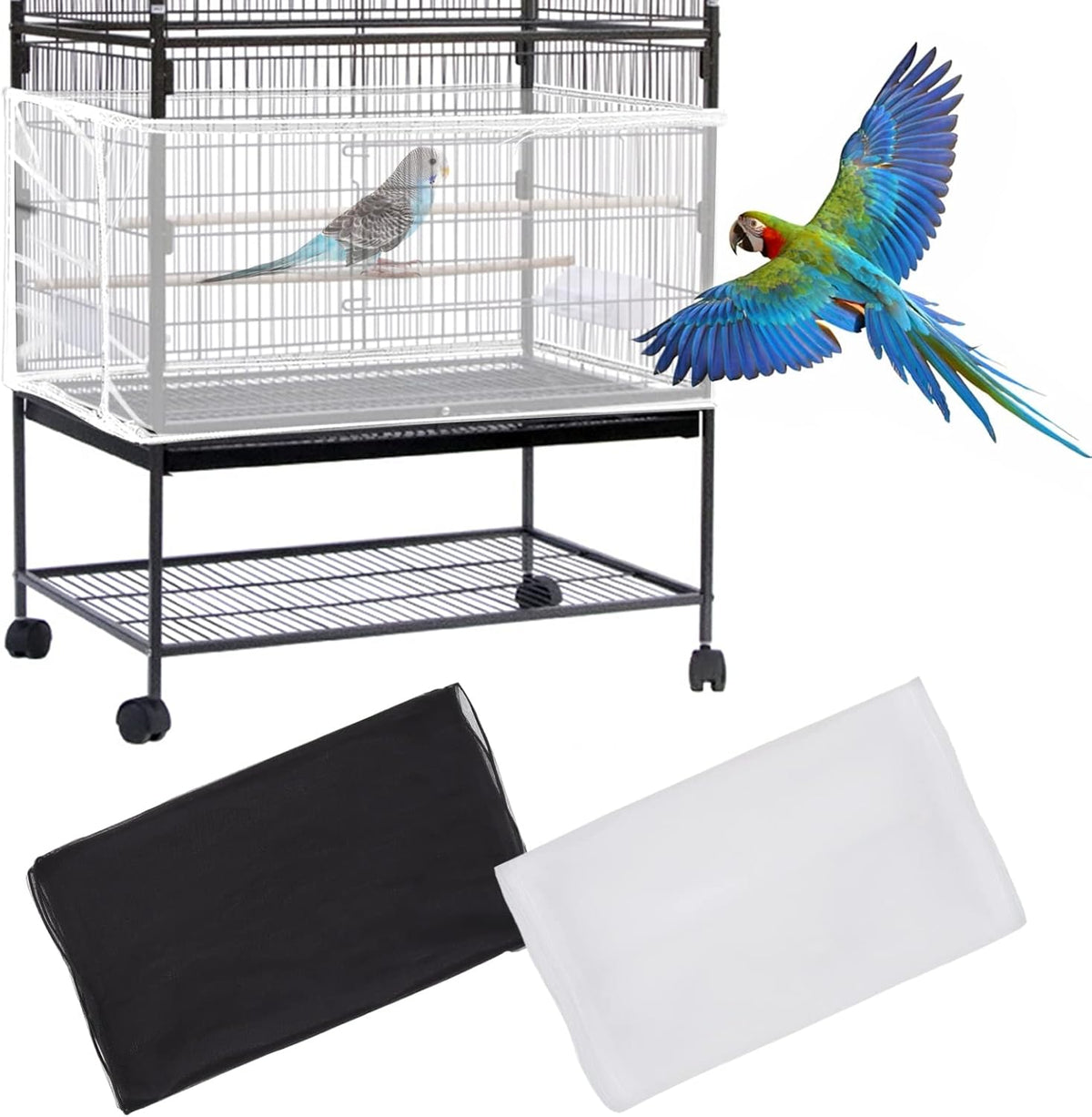 Daoeny 2Pcs Universal Bird Cage Cover, Adjustable Seed Feather Catcher, Soft Airy Nylon Mesh Parrot Net, Birdcage Cover Skirt Sheer Guard for Round Square Cages (Green+ Blue) - Image 11