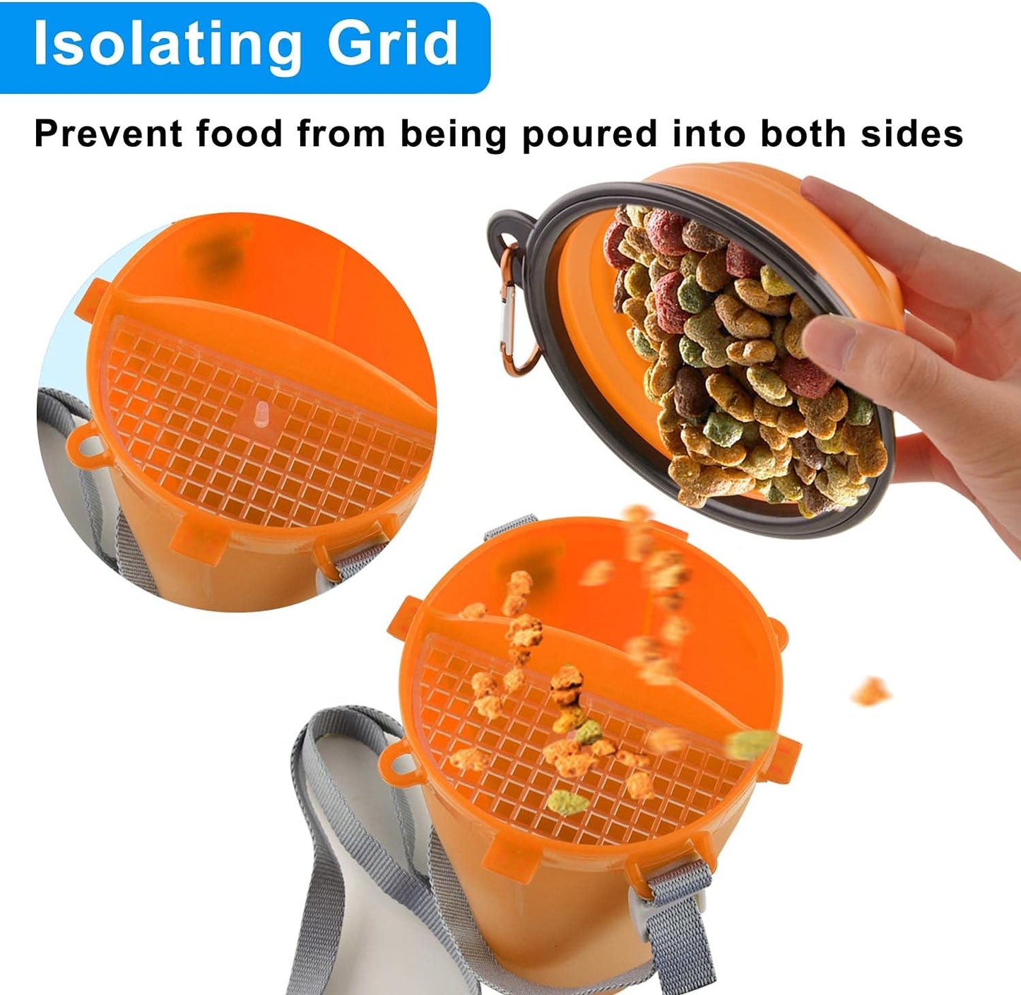 Foldable silicone pet bowls expanded and filled with dog food and water