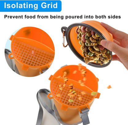 Foldable silicone pet bowls expanded and filled with dog food and water