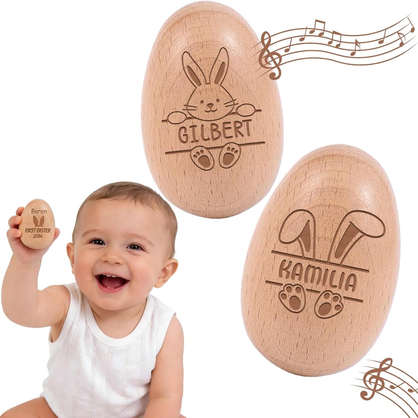 Hifunwu personalized wooden easter egg musical shakers front view showcasing custom engraved text