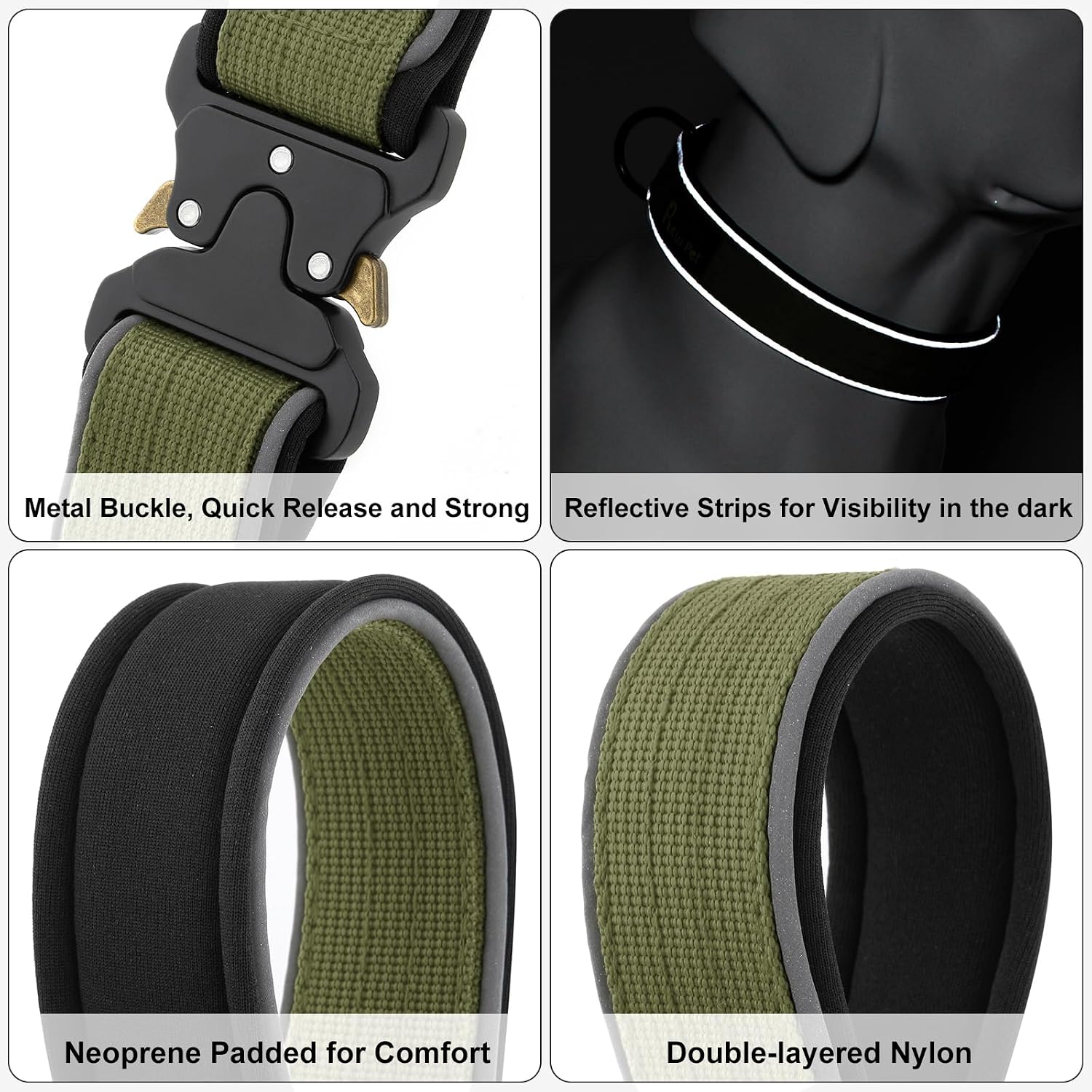 Plutus Pet Tactical Dog Collar, Reflective, Adjustable Heavy Duty Dog Collar, Soft Padded and Comfortable, for Small Medium and Large Dogs (Ranger Green, L) - Image 4
