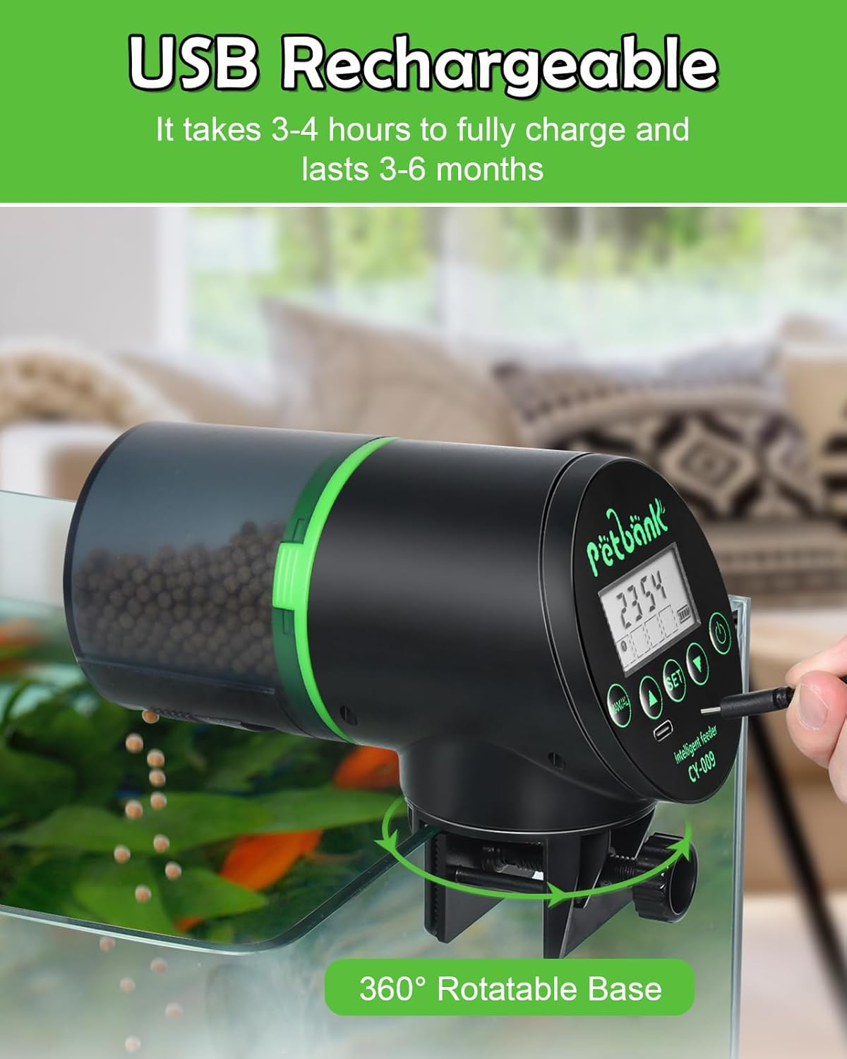 Flake and pellet fish food being filled into rechargeable timer dispenser