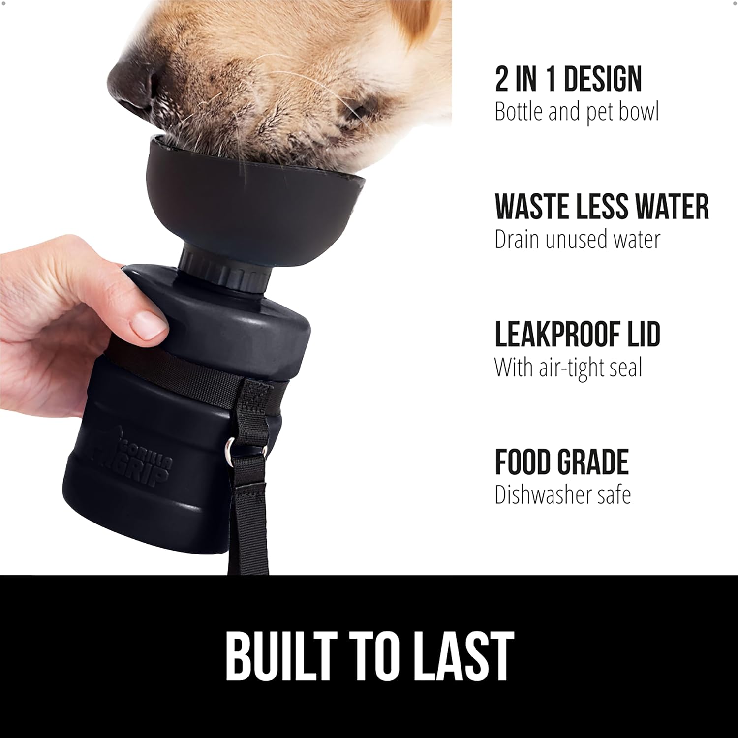 Gorilla Grip pet travel squeeze bottle with the food grade silicone bowl flipped open for dog drinking.