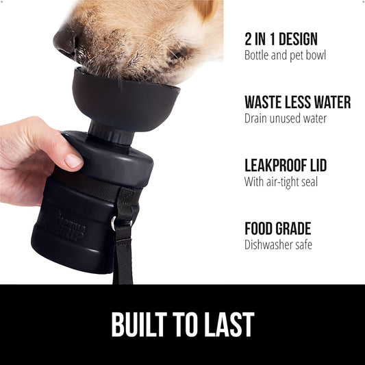 Gorilla Grip pet travel squeeze bottle with the food grade silicone bowl flipped open for dog drinking.