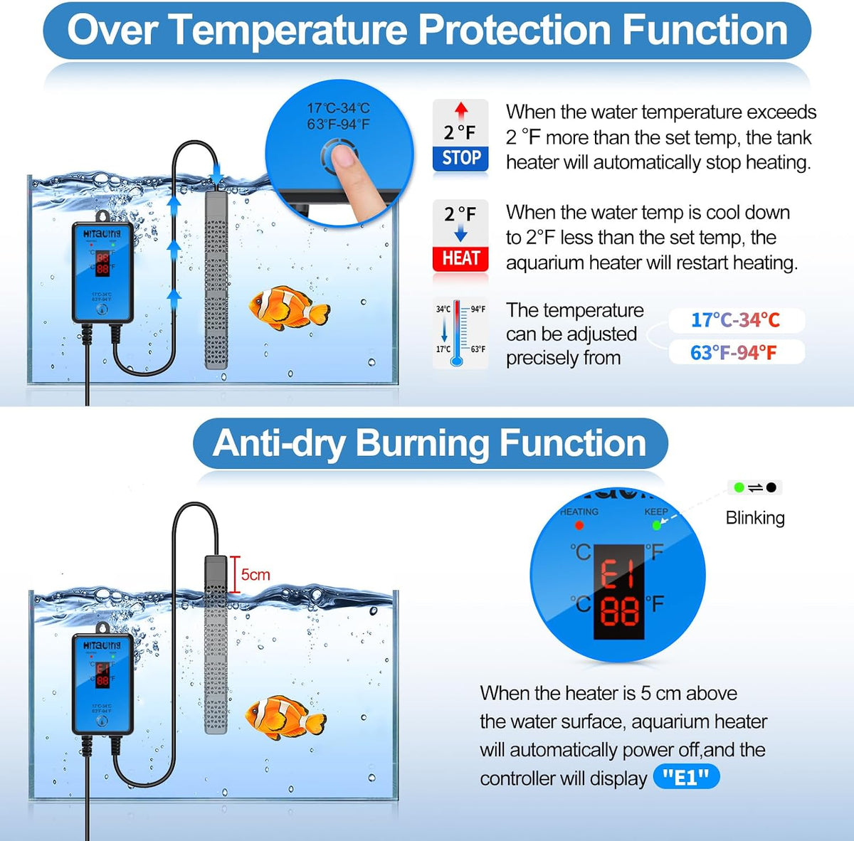 HiTauing submersible heater showing the durable black protective anti scald outer shell
