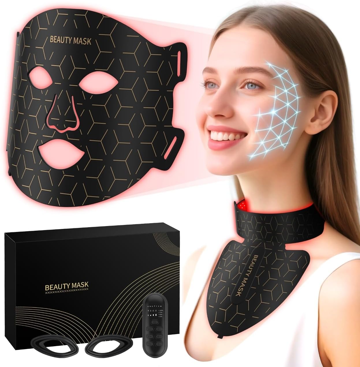 Verfubo Red Light Therapy Mask for Face and Neck front view showing the sleek black silicone design and strap attachments.