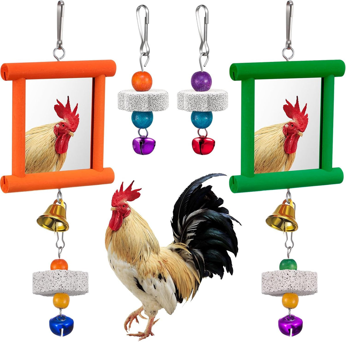 Sumind 2 Pieces Chicken Mirror Toys Hanging Swing Mirror with Bell Wooden Pecking Toy and 4 Pieces Beak Grinding Molar Stones for Hens Birds Parrots - Image 14