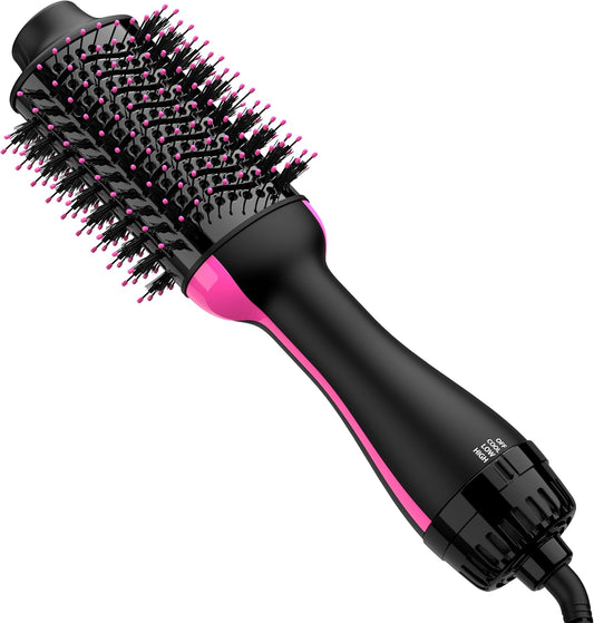 Umeely Hair Dryer Brush front view showcasing the black and pink ceramic titanium barrel