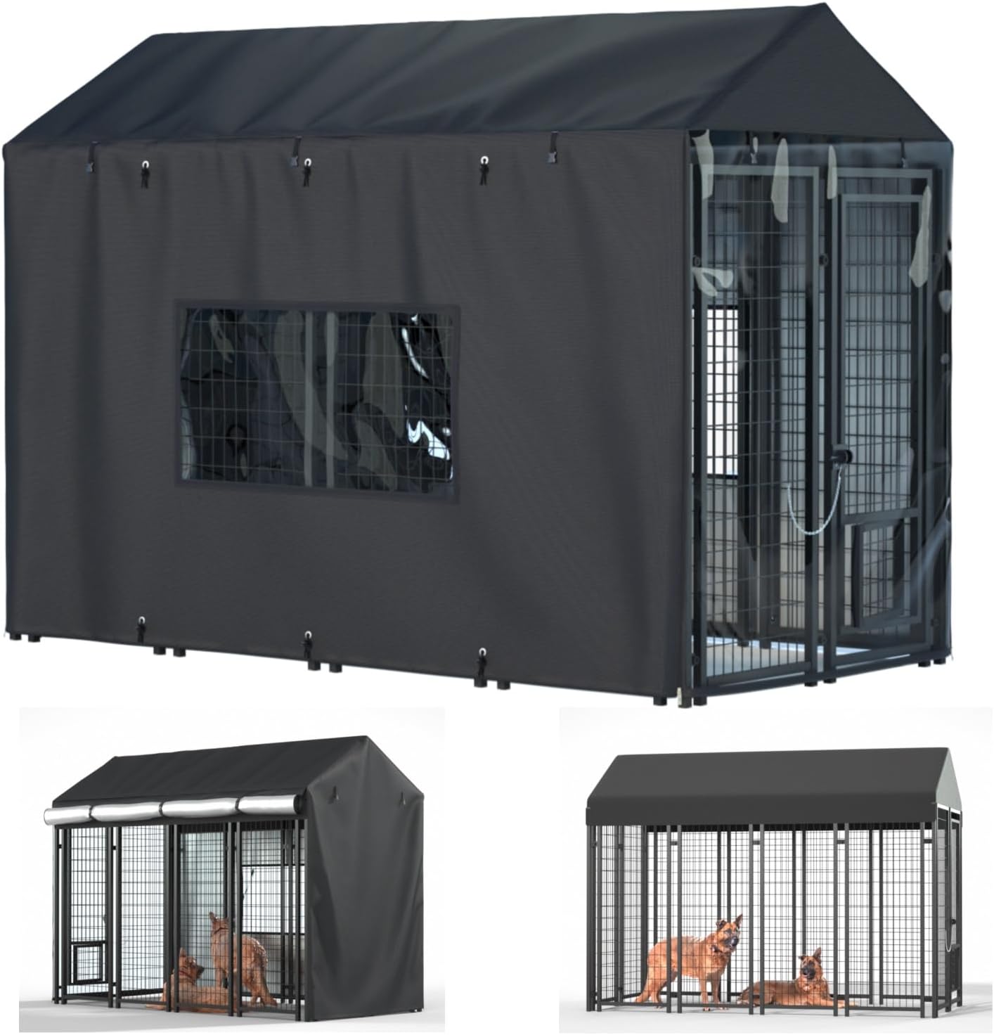 LYBOSH outdoor dog kennel cover heavy duty black front view on cage
