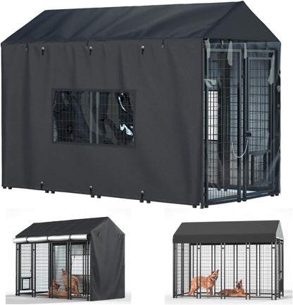 LYBOSH outdoor dog kennel cover heavy duty black front view on cage